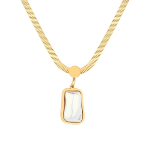 Detail of golden snake chain necklace with a rectangular mother of pearl pendant