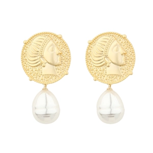French vintage gold coin earrings featuring teardrop pearls and elegant female relief