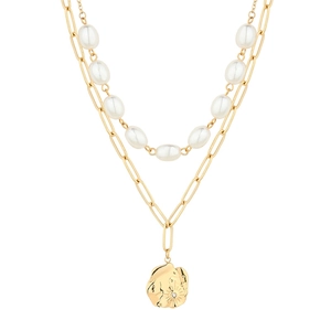 Detail of elegant French retro pearl and gold paperclip layered necklace with pendant