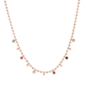 Halskette in Roségold mit bunten Zirkonia-Anhängern und kleinen Metallperlen-Akzenten