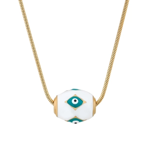 Detailaufnahme einer goldfarbenen Halskette mit Evil Eye Zylinderanhänger aus Emaille