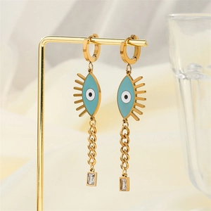 Böhmische Evil Eye Ohrhänger in Gold mit hellblauem Emaille und Zirkonia-Anhängern