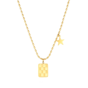 Detail of gold titanium necklace featuring checkered pendant and small star charm