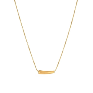Macro detail of curved cylindrical pendant on a sleek golden snake chain necklace
