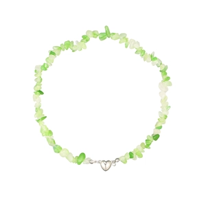 Detail of light green natural stone chips necklace with silver heart magnetic clasp
