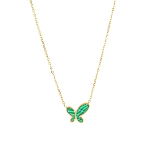 Elegant gold titanium necklace featuring a green malachite butterfly pendant with bead edges