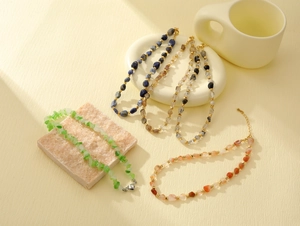 Vintage Stainless Steel Natural Stone Chip Necklace For Women Bohemian Handmade Irregular Gemstone Bead Choker Jewelry