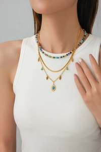 Layered colorful bead necklace and gold chains with green turquoise leaf pendant set