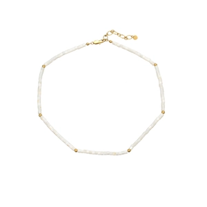 Bohemian colorful beaded necklace with shell beads and gold accents on white background