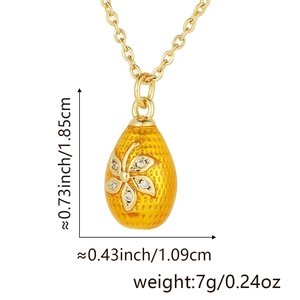 Detail of 18k gold plated egg-shaped pendant with diamond-encrusted flower and dimensions