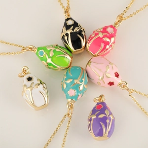 18K Gold Plated Copper Enamel Egg Pendant Necklace Vintage Flower Pattern Necklace For Women Jewelry Easter Gift