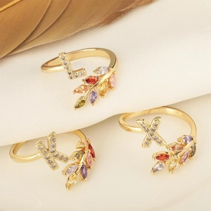 18k gold plated letter rings with colorful marquise zircons and leaf design