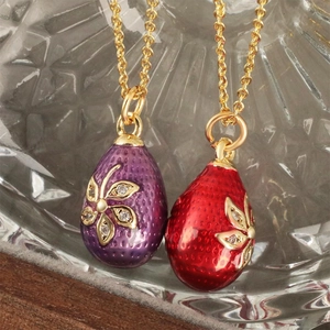 Russian-style enamel egg pendants with floral gold plating and zircon inlay on gold chains