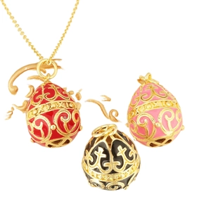 Elegant hollow water drop egg pendant necklace in gold with red pink and black enamel