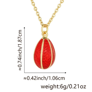 Detail showing dimensions of red egg pendant with honeycomb texture and gold stripes