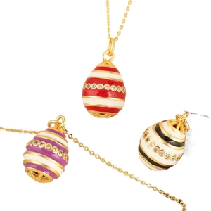 Three-piece Fabergé style egg pendants in red, purple, and black with 18K gold plating