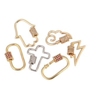 Micro-set zircon cross and hand carabiner screw locks in gold and silver plating