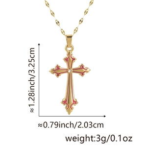 Gothic cross necklace with pink enamel and zircon center, sizing detail 3.25cm height