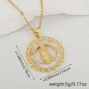 Macro shot of Virgin Mary pendant necklace with zircon and pearl inlays, size 2.76cm