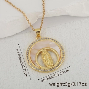 Macro shot of Virgin Mary pendant with mother-of-pearl base and zircon-encrusted gold-plated frame