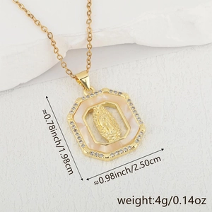 Detailed view of gold octagonal Virgin Mary pendant with zircons and pink enamel