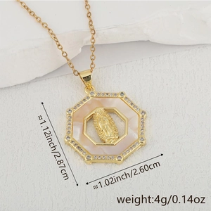 Gold Virgin Mary pendant with cubic zirconia and dimensions of 2.87cm by 2.60cm