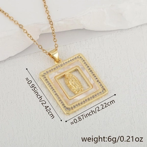 Detail shot of a square Virgin Mary pendant with cubic zirconia and dimensions 2.42cm x 2.22cm