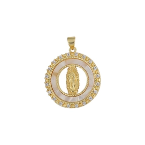 Gold Virgin Mary pendant with mother of pearl inlay and sparkling zircon border