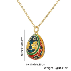 Detail showing enamel egg pendant dimensions 0.9x0.61 inches on a gold chain