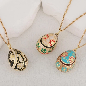 Vintage Enamel Fabergé Style Egg Pendant Necklace Gold Plated Copper Floral Pattern Choker For Women Easter Jewelry Gift