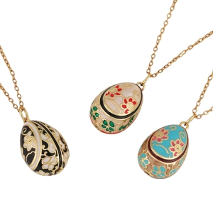 Russian style enamel egg pendants with flower patterns and gold chains in three colors