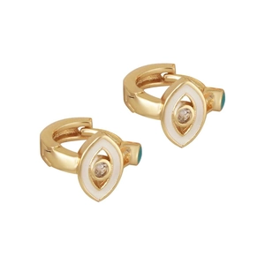 Golden evil eye hoop earrings with green enamel and sparkling cubic zirconia stones