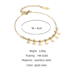 Detail of 14K gold plated stainless steel chain bracelet with round disc pendants