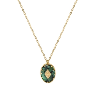 Collar vintage dorado con colgante ovalado de piedra natural verde oscuro y rombo