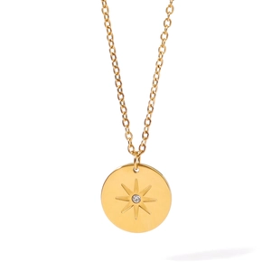 Golden stainless steel sunburst star necklace with sparkling zircon stone on round pendant