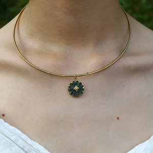 French vintage gold stainless steel choker featuring a dark green stone pendant with star