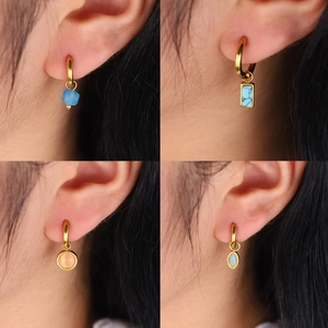 Boucles d'Oreilles Créoles en Pierre Naturelle Style Occidental pour Femmes Acier Inoxydable Plaque Or 18K PVD Opale Turquoise Cristal