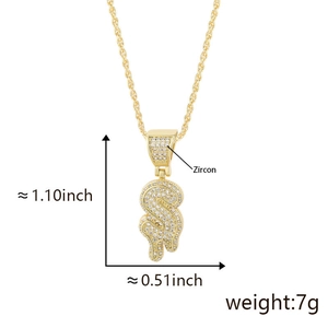 Detailed size chart of a golden hip hop water drip letter S pendant with zircon stones