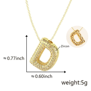 Detailed size chart of a 18k gold plated bubble letter D pendant necklace with zircon