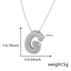 Detailed size view of silver letter G bubble pendant necklace with zircon paving