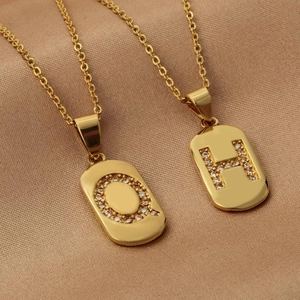 Luxury Copper Gold Plated Alphabet Letter Pendant Micro Inlaid Zirconia Geometric Rectangular Charm For Women Pendant Only