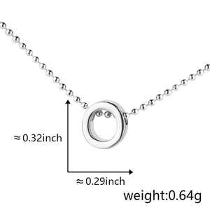 Detailed view of silver letter O pendant on ball chain with size and weight metrics