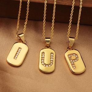 Gold plated rectangular pendant necklaces with micro-paved letters I, U, and P zircon stones