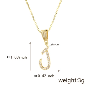 Detail view showing dimensions of a gold-plated letter J pendant with inlaid white zircons