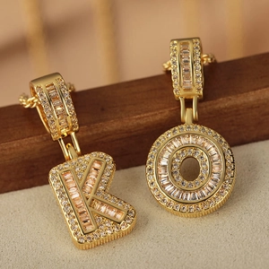 Hip Hop English Initial Letter A-Z Pendant Necklace Gold Plated Copper Micro Pave Zirconia Ice Out Jewelry Rope Chain For Women Men