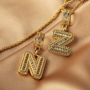 Gold plated hip hop necklace with baguette zircon letter N and Z pendants and rope chain