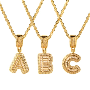 Gold plated letter A B C necklaces with micro-paved zircons and classic rope chain
