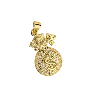 Goldener Geldbeutel-Anhänger mit Zirkonia und Dollarzeichen auf weißem Hintergrund