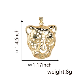Detailed view of hollow leopard head pendant in gold-plated brass with size measurements