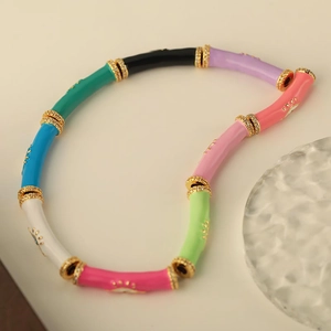 Colorful 18k gold plated bamboo link necklace with enamel finish and zircon accents